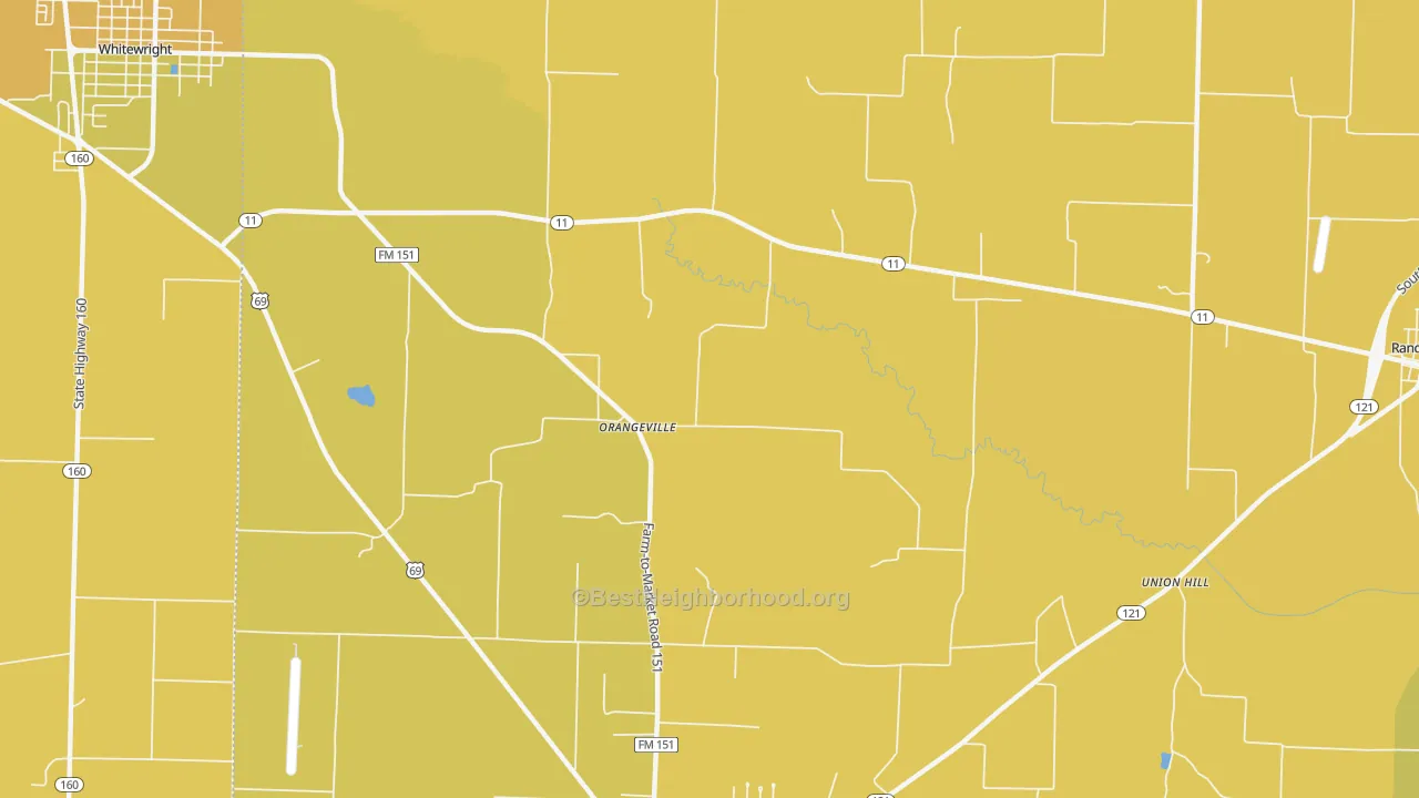 Map of the best neighborhoods in the Orangeville area, with better matches in green and worse matches in red