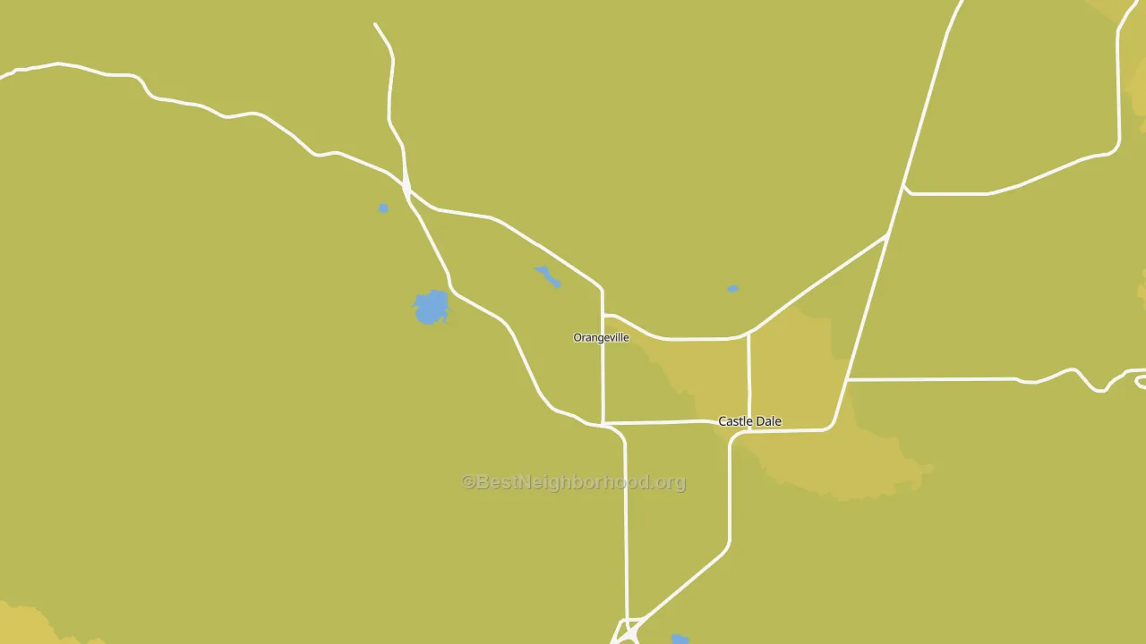 Map of the best neighborhoods in the Orangeville area, with better matches in green and worse matches in red