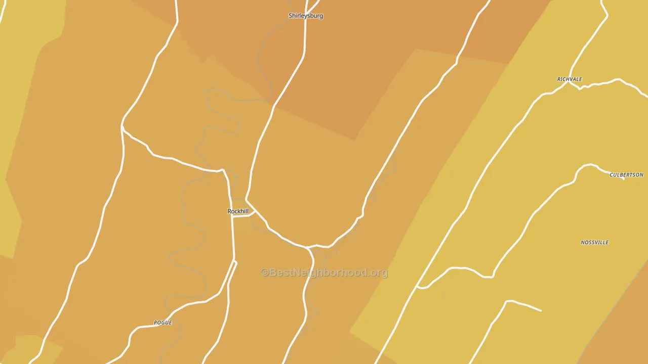 Map of the best neighborhoods in the Orbisonia area, with better matches in green and worse matches in red