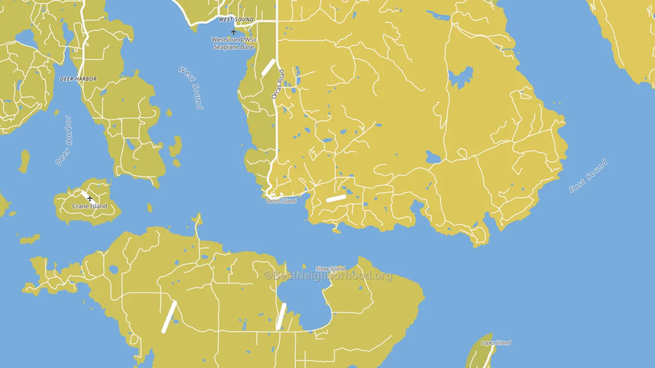 Map of the best neighborhoods in the Orcas area, with better matches in green and worse matches in red