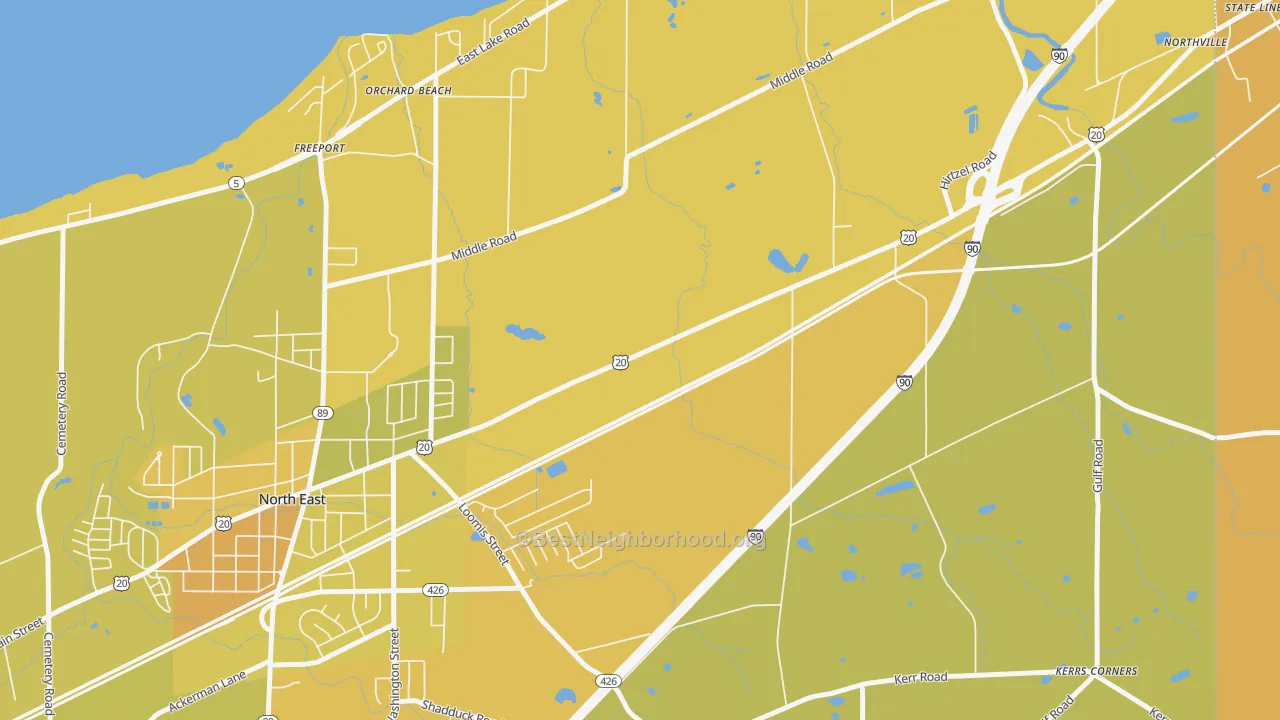 Map of the best neighborhoods in the Orchard Beach area, with better matches in green and worse matches in red