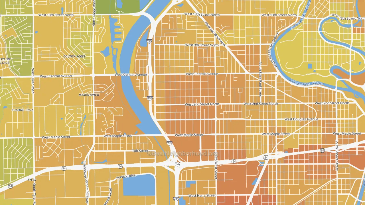 Map of the best neighborhoods in the Orchard Breeze, Wichita area, with better matches in green and worse matches in red