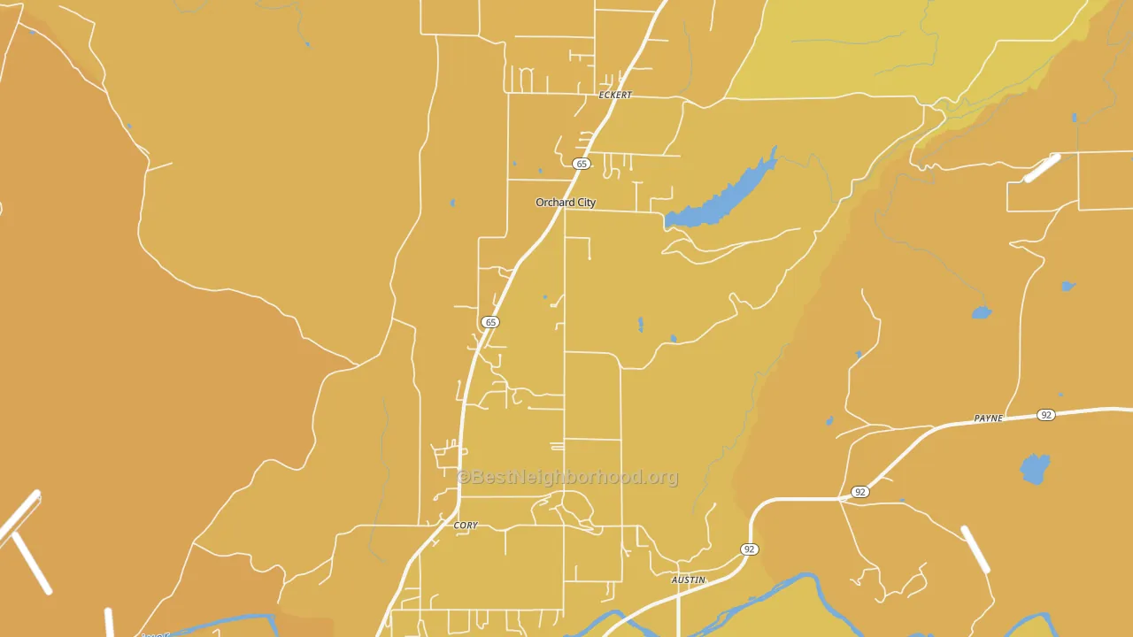 Map of the best neighborhoods in the Orchard City area, with better matches in green and worse matches in red