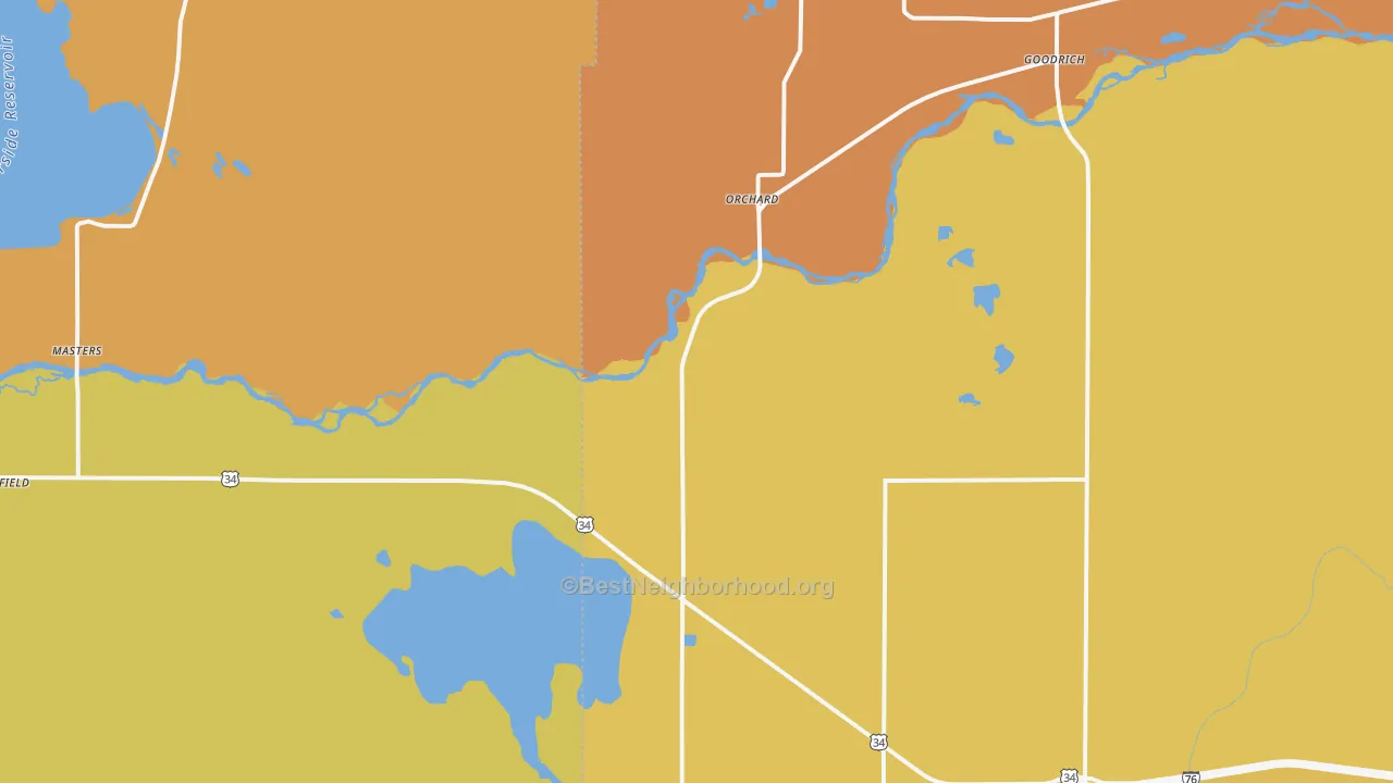 Map of the best neighborhoods in the Orchard area, with better matches in green and worse matches in red