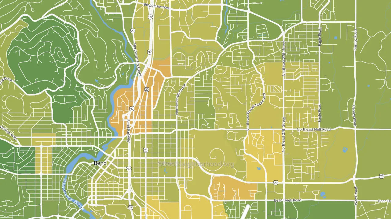 Map of the best neighborhoods in the Orchard District, Bend area, with better matches in green and worse matches in red