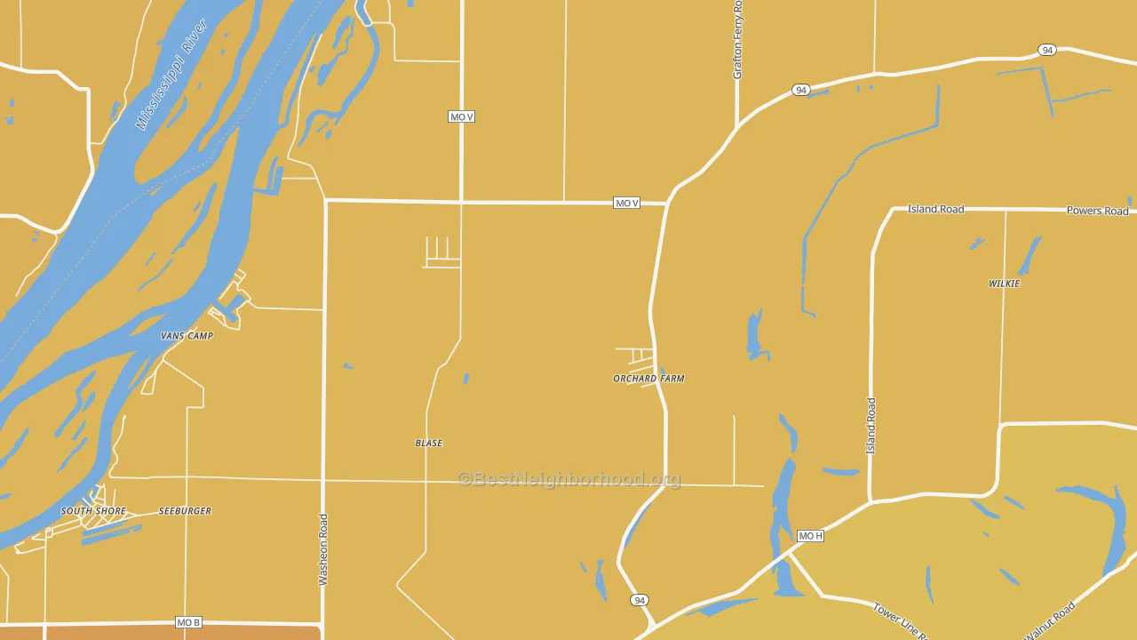 Map of the best neighborhoods in the Orchard Farm area, with better matches in green and worse matches in red