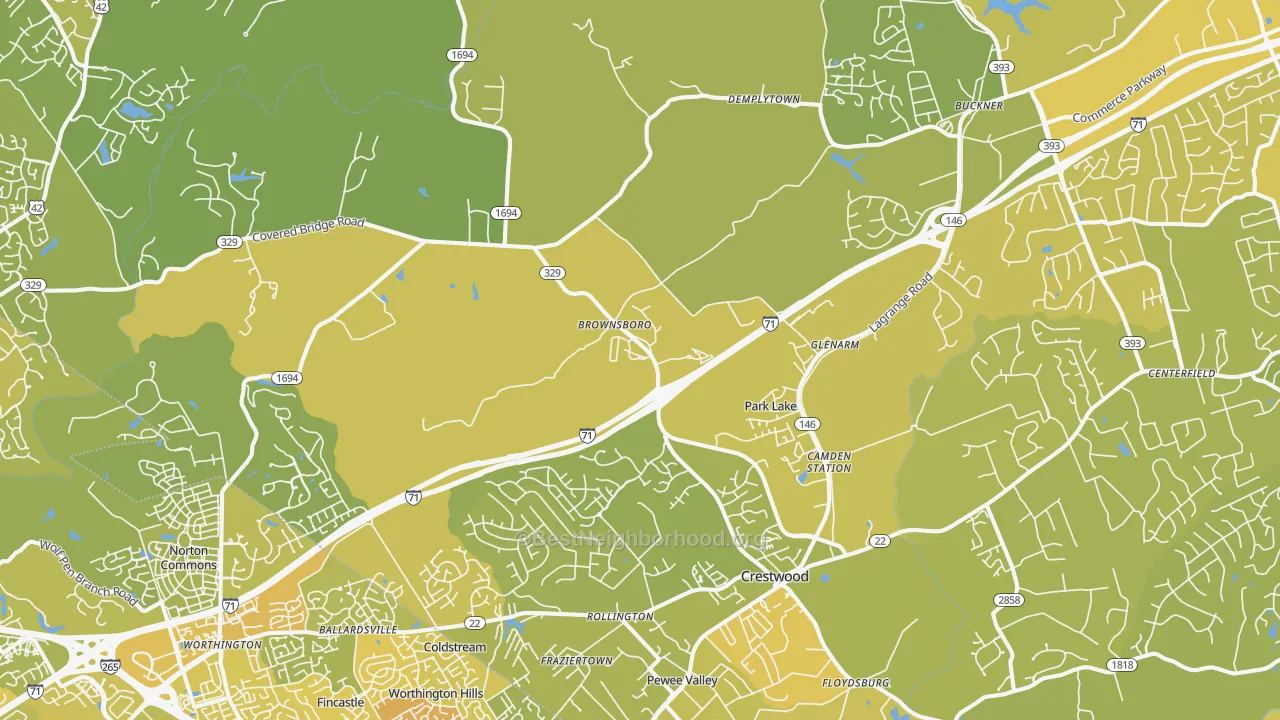 Map of the best neighborhoods in the Orchard Grass Hills area, with better matches in green and worse matches in red