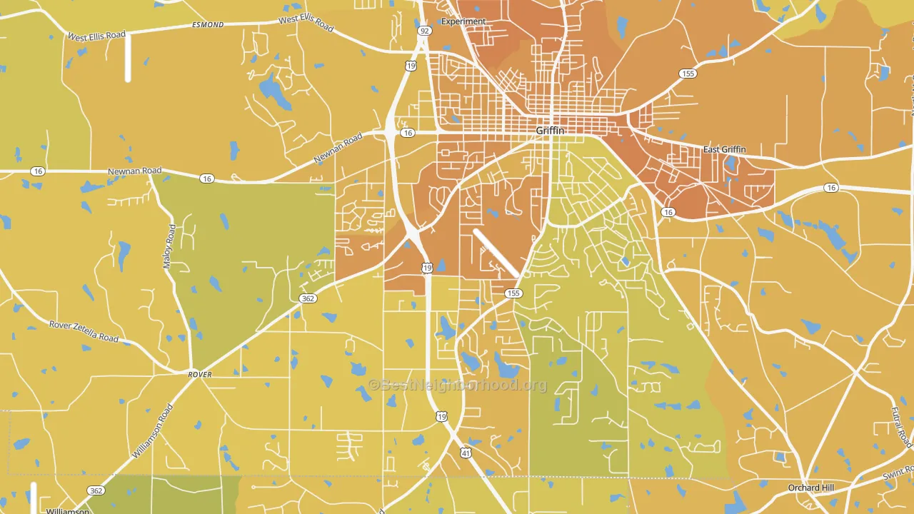 Map of the best neighborhoods in the Orchard Hill area, with better matches in green and worse matches in red