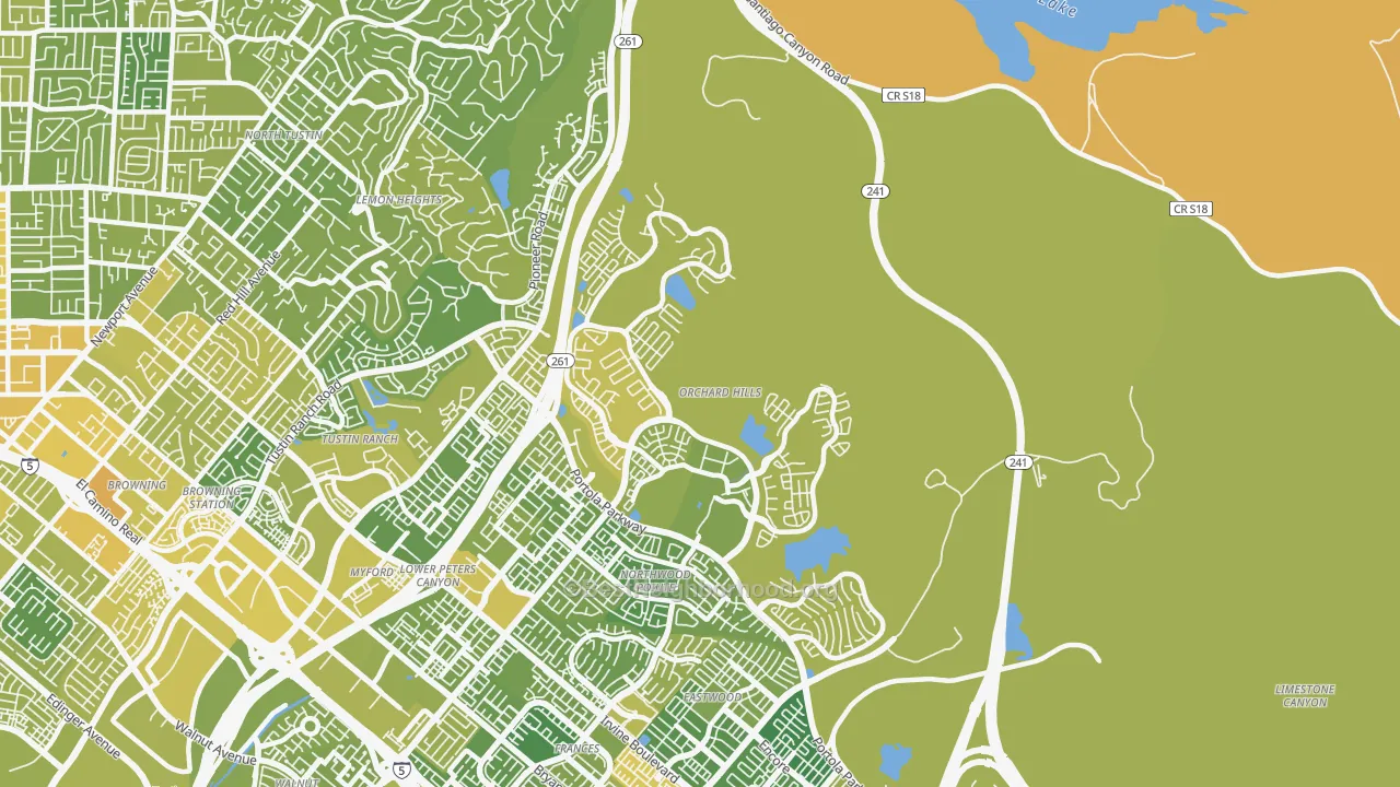 Map of the best neighborhoods in the Orchard Hills, Irvine area, with better matches in green and worse matches in red