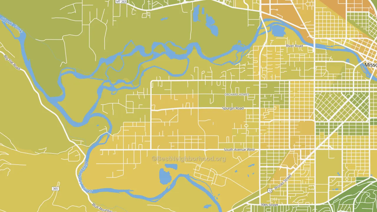 Map of the best neighborhoods in the Orchard Homes area, with better matches in green and worse matches in red