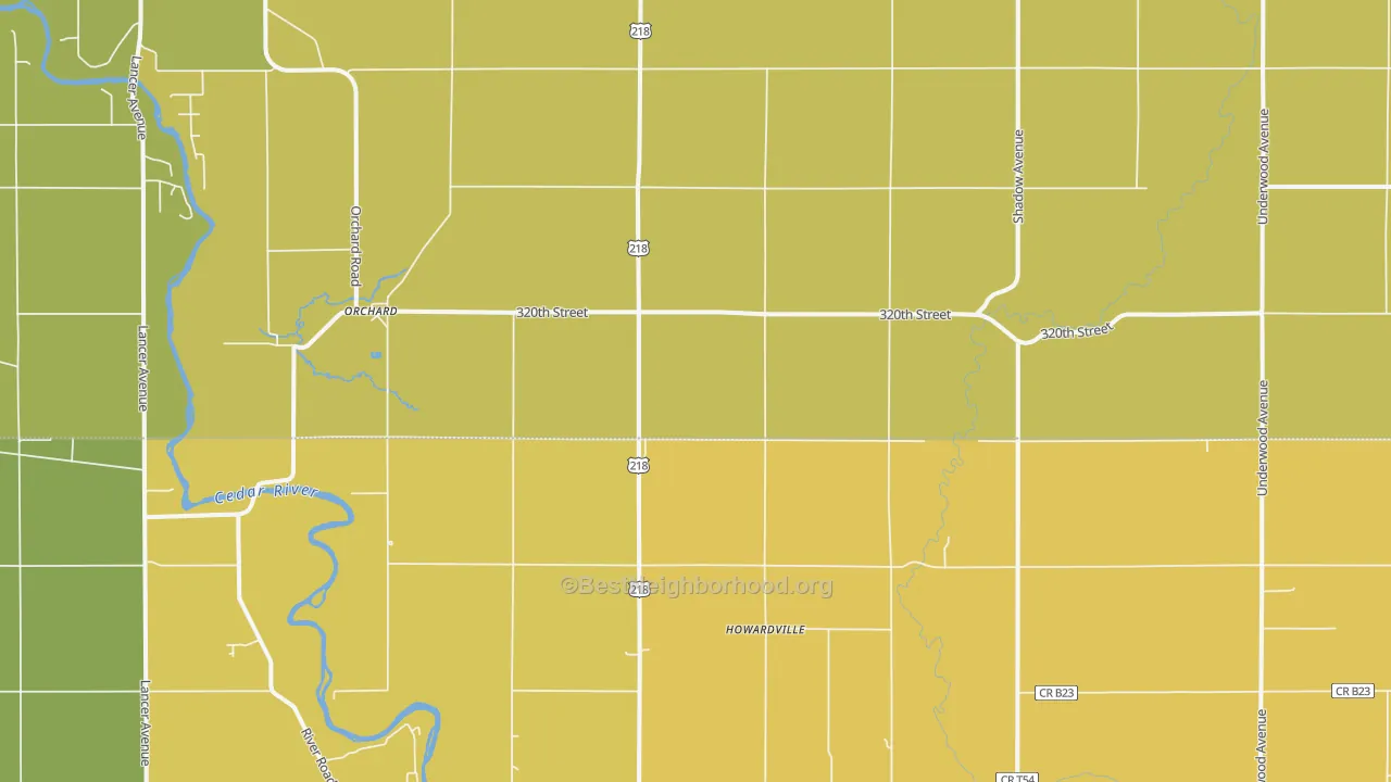Map of the best neighborhoods in the Orchard area, with better matches in green and worse matches in red