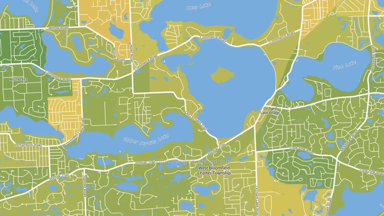 Map of the best neighborhoods in the Orchard Lake Village area, with better matches in green and worse matches in red
