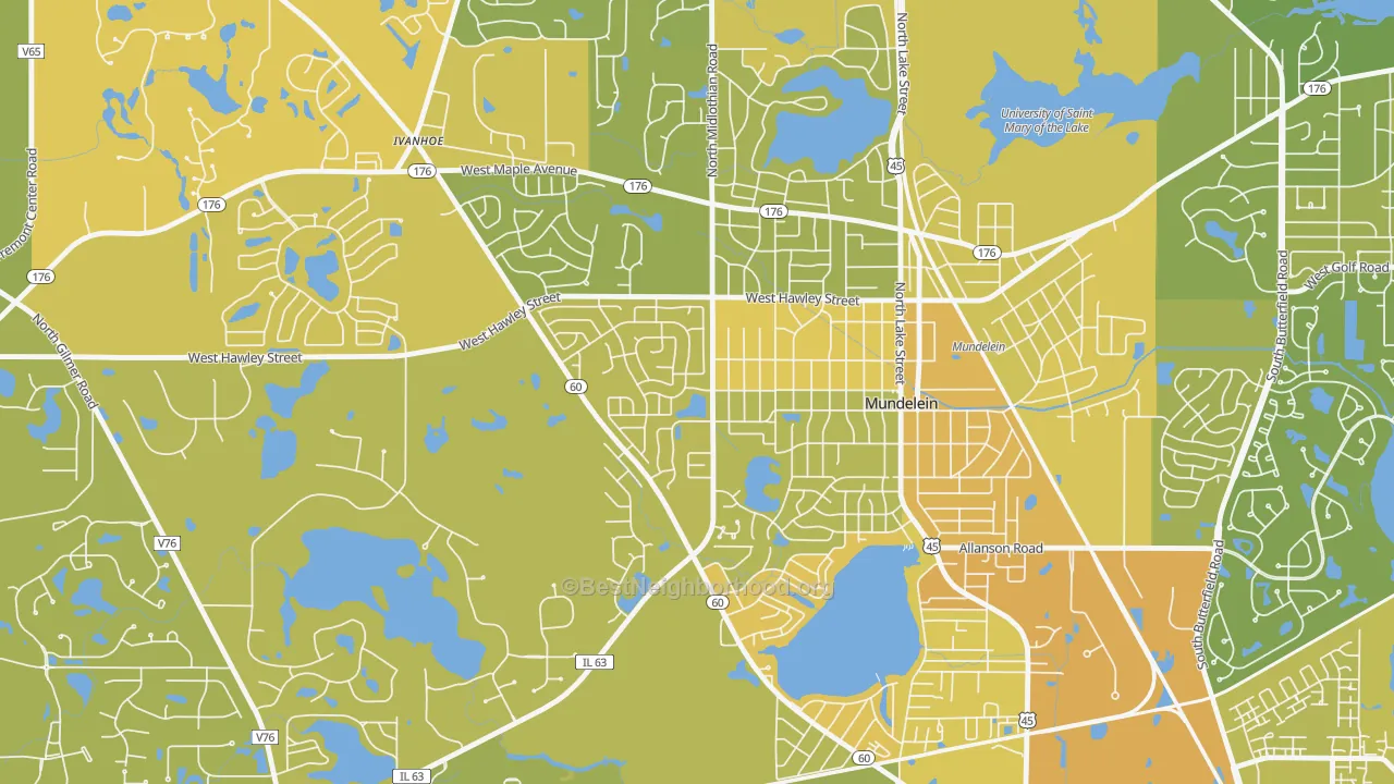 Map of the best neighborhoods in the Orchard Meadows, Mundelein area, with better matches in green and worse matches in red
