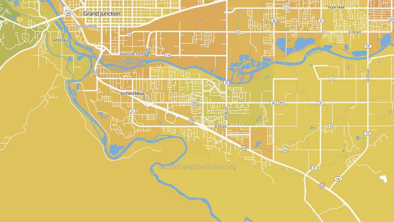 Map of the best neighborhoods in the Orchard Mesa area, with better matches in green and worse matches in red