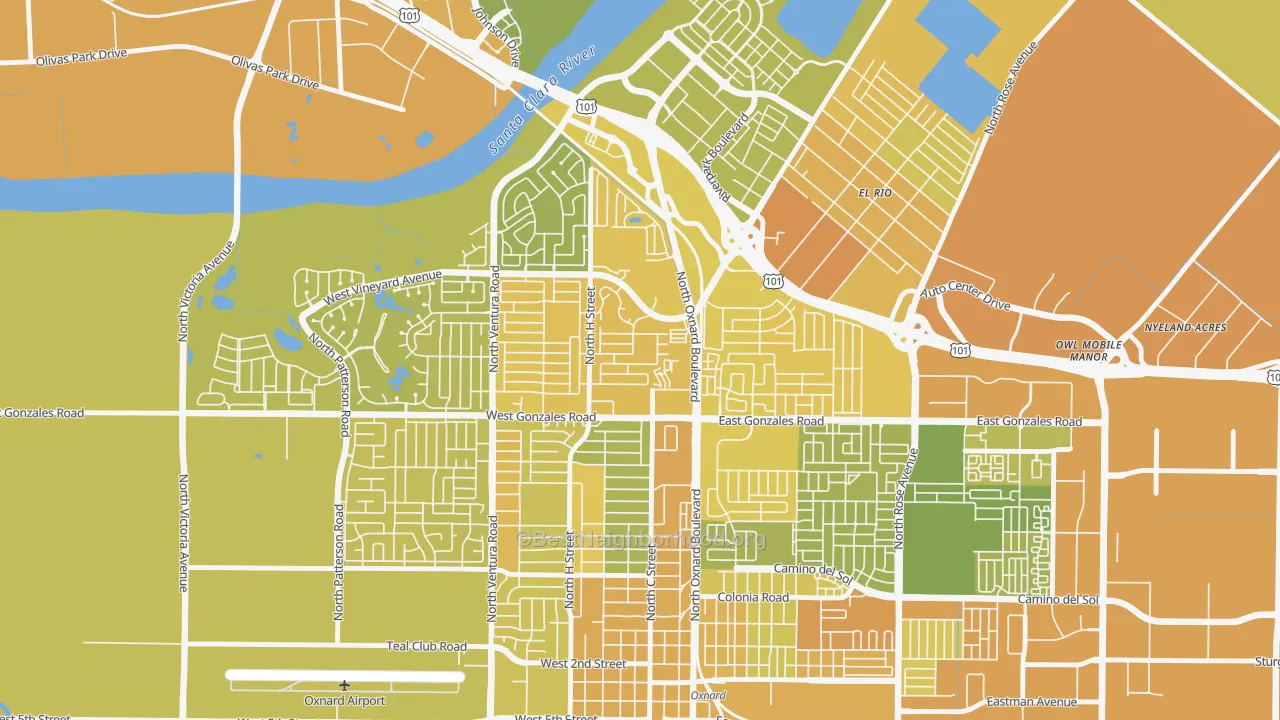 Map of the best neighborhoods in the Orchard, Oxnard area, with better matches in green and worse matches in red