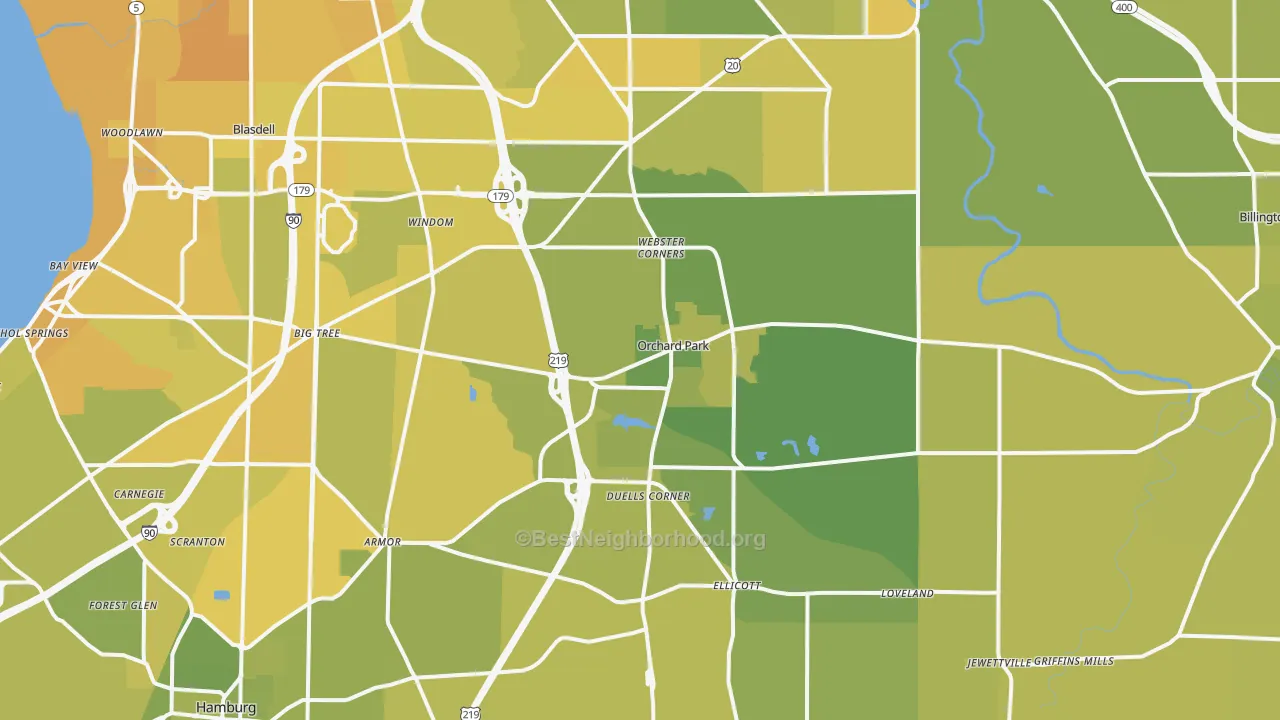 Map of the best neighborhoods in the Orchard Park area, with better matches in green and worse matches in red