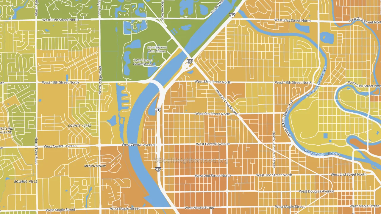 Map of the best neighborhoods in the Orchard Park, Wichita area, with better matches in green and worse matches in red