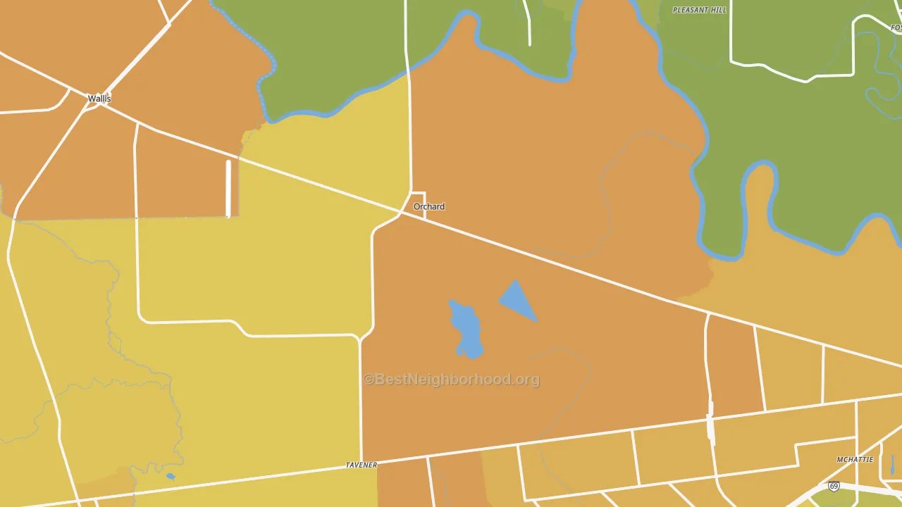 Map of the best neighborhoods in the Orchard area, with better matches in green and worse matches in red