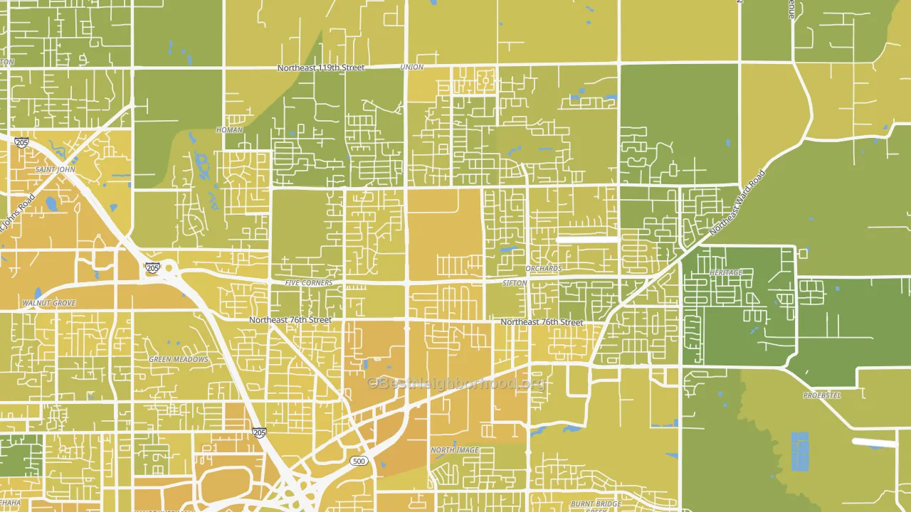 Map of the best neighborhoods in the Orchards Area, Orchards area, with better matches in green and worse matches in red