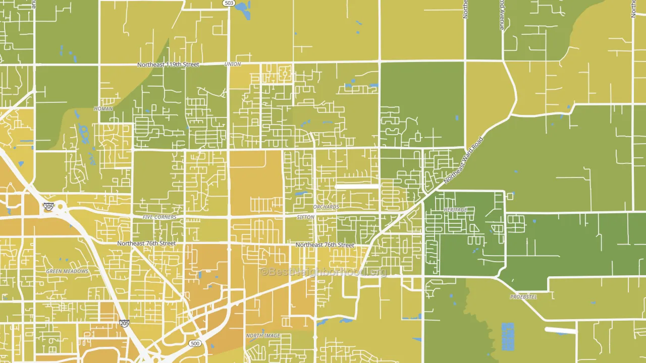 Map of the best neighborhoods in the Orchards area, with better matches in green and worse matches in red