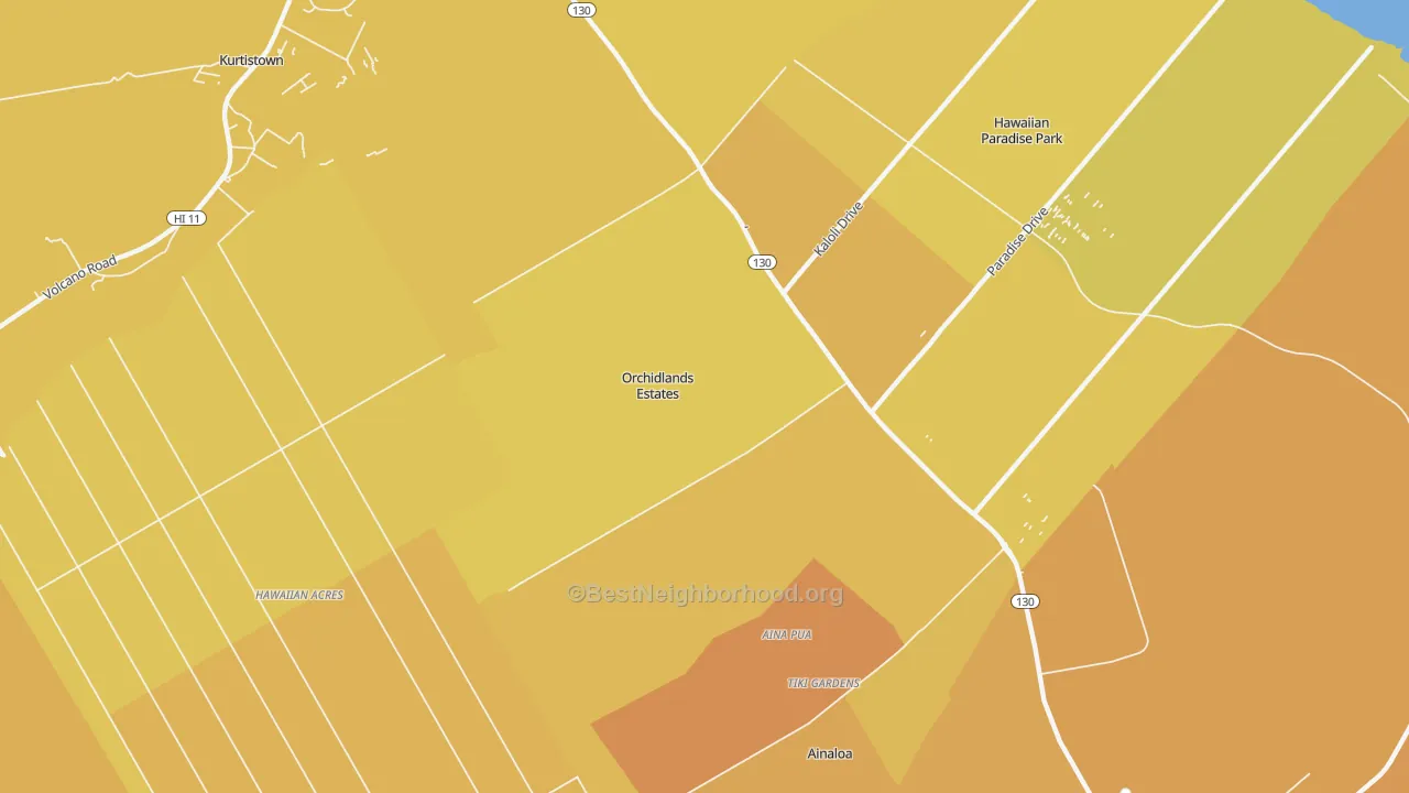 Map of the best neighborhoods in the Orchidlands Estates, Keaau area, with better matches in green and worse matches in red