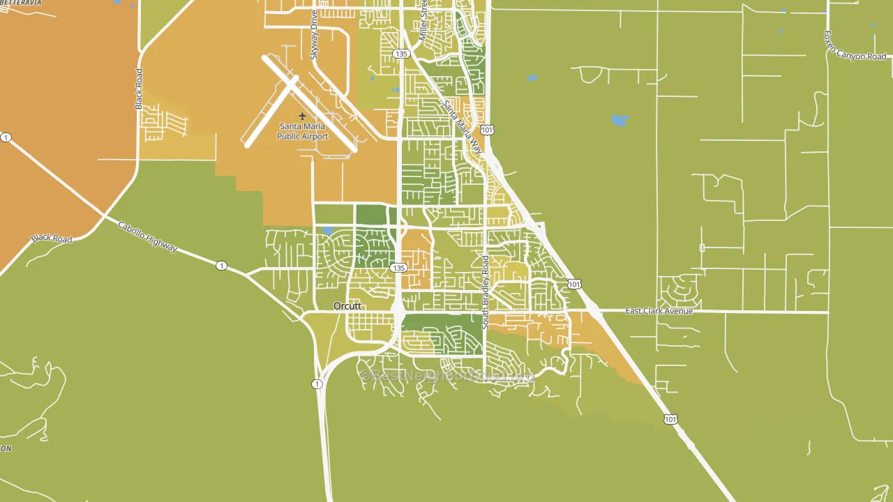 Map of the best neighborhoods in the Orcutt area, with better matches in green and worse matches in red