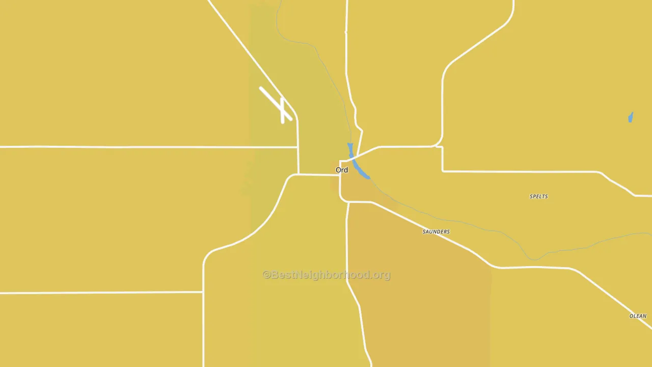 Map of the best neighborhoods in the Ord area, with better matches in green and worse matches in red