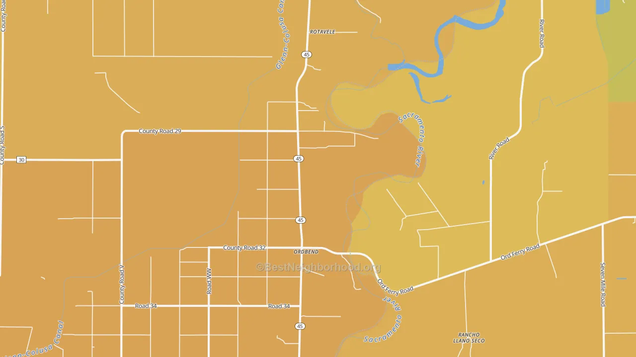 Map of the best neighborhoods in the Ordbend area, with better matches in green and worse matches in red