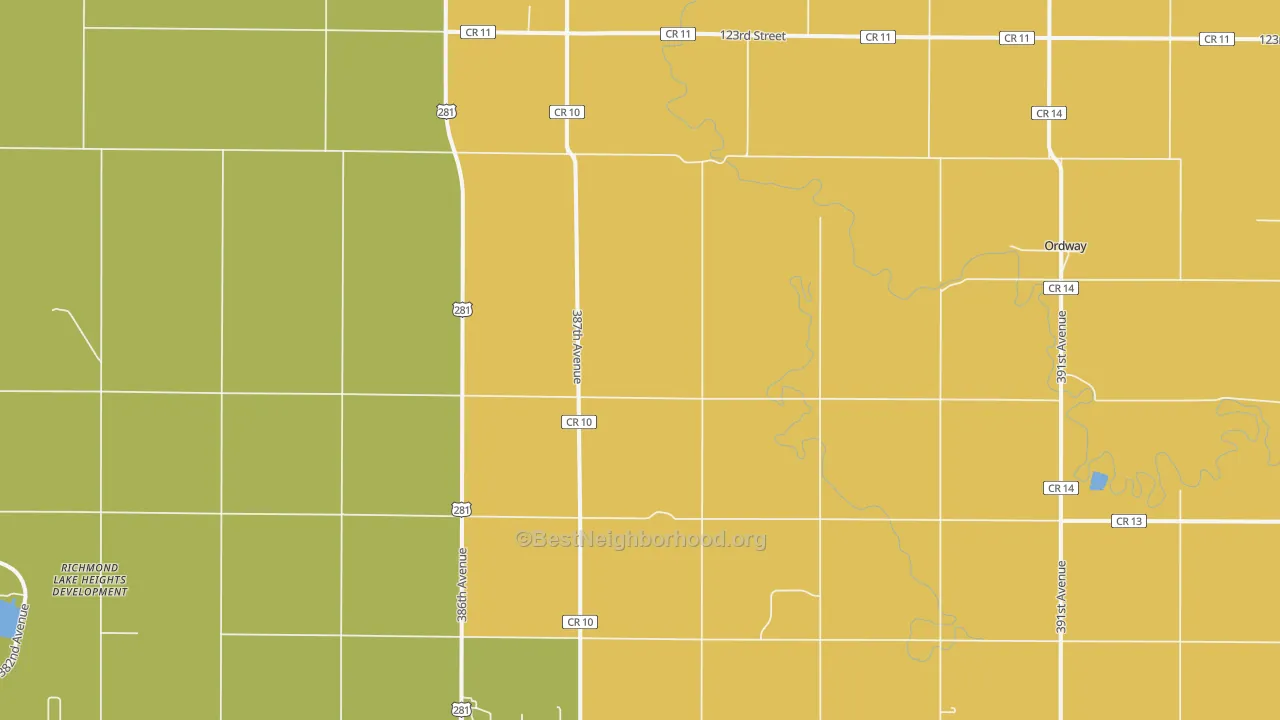 Map of the best neighborhoods in the Ordway area, with better matches in green and worse matches in red