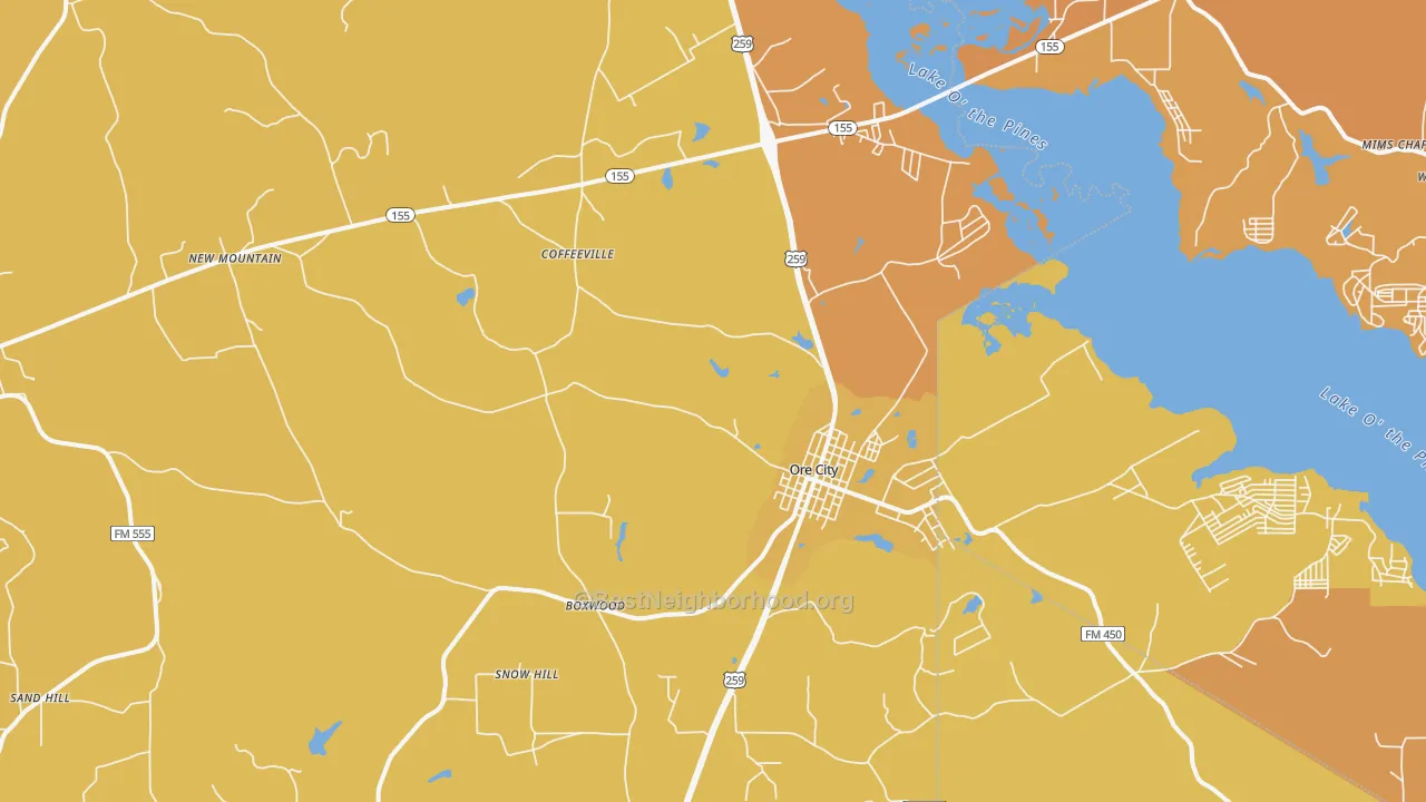 Map of the best neighborhoods in the Ore City area, with better matches in green and worse matches in red