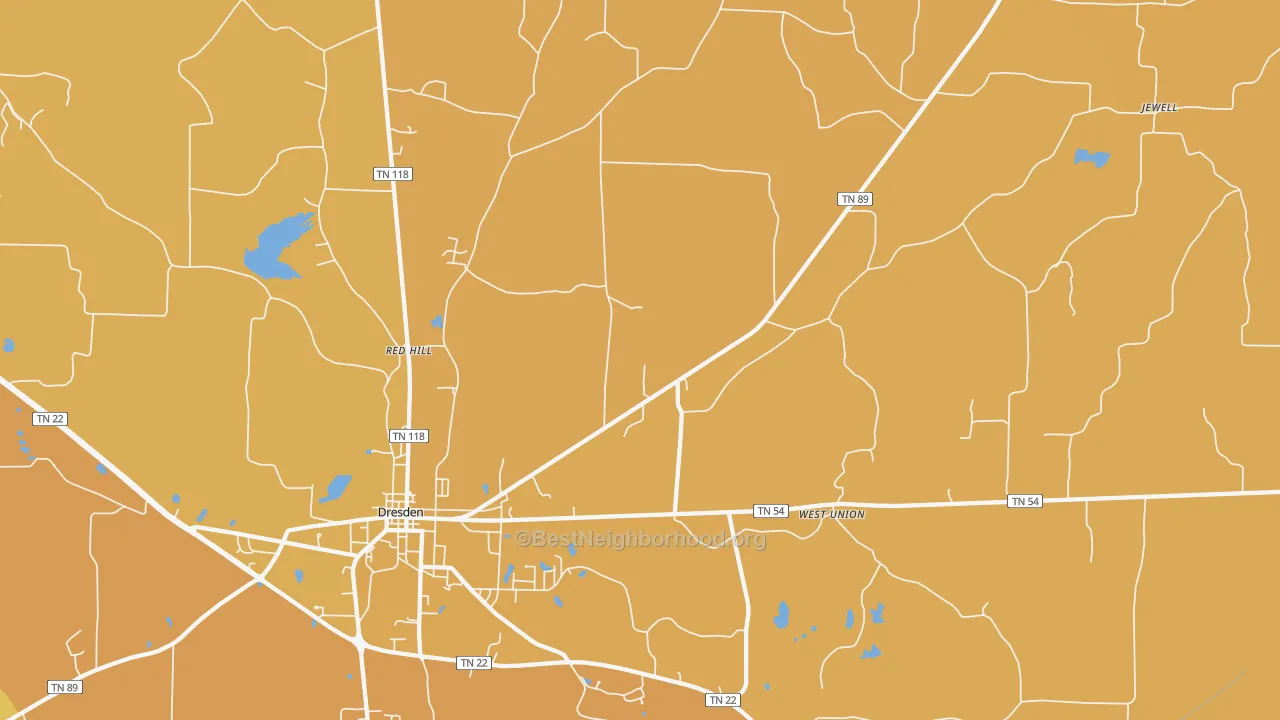 Map of the best neighborhoods in the Ore Spring area, with better matches in green and worse matches in red