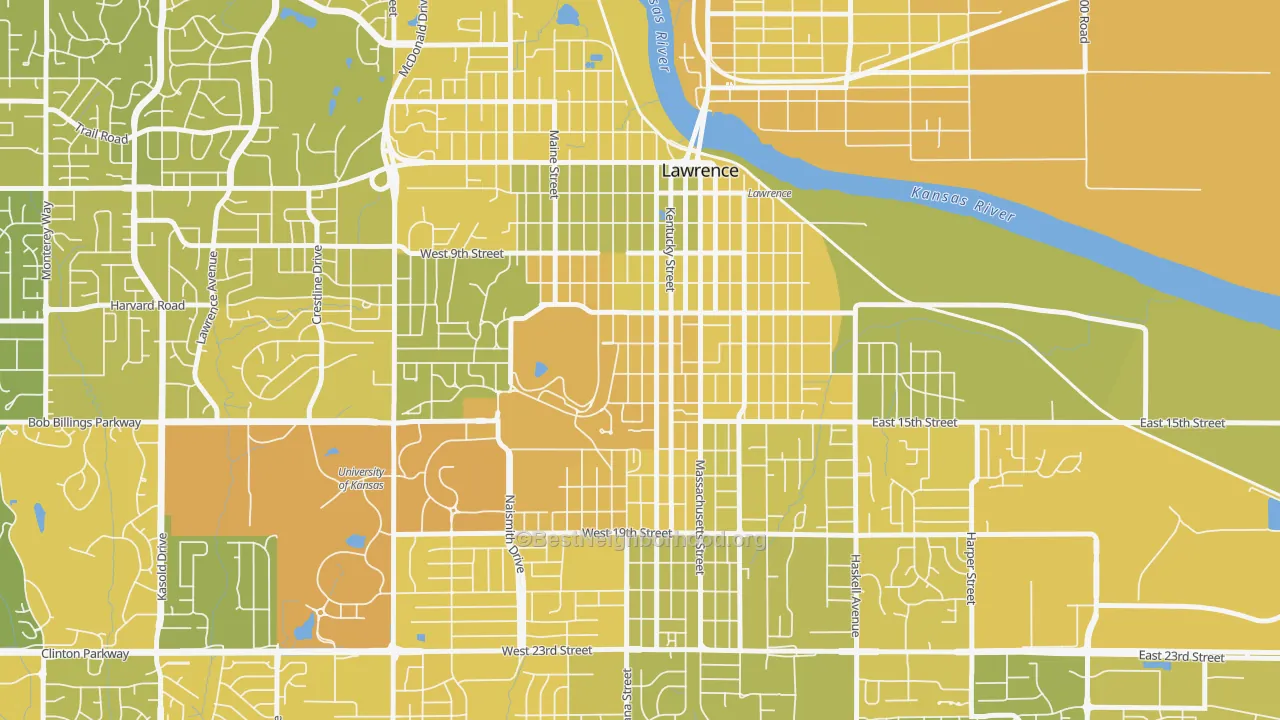 Map of the best neighborhoods in the Oread, Lawrence area, with better matches in green and worse matches in red