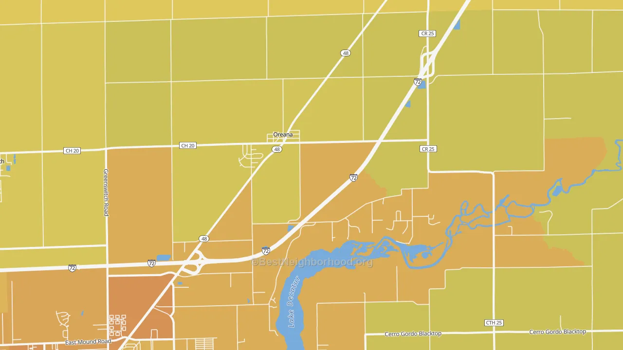 Map of the best neighborhoods in the Oreana area, with better matches in green and worse matches in red