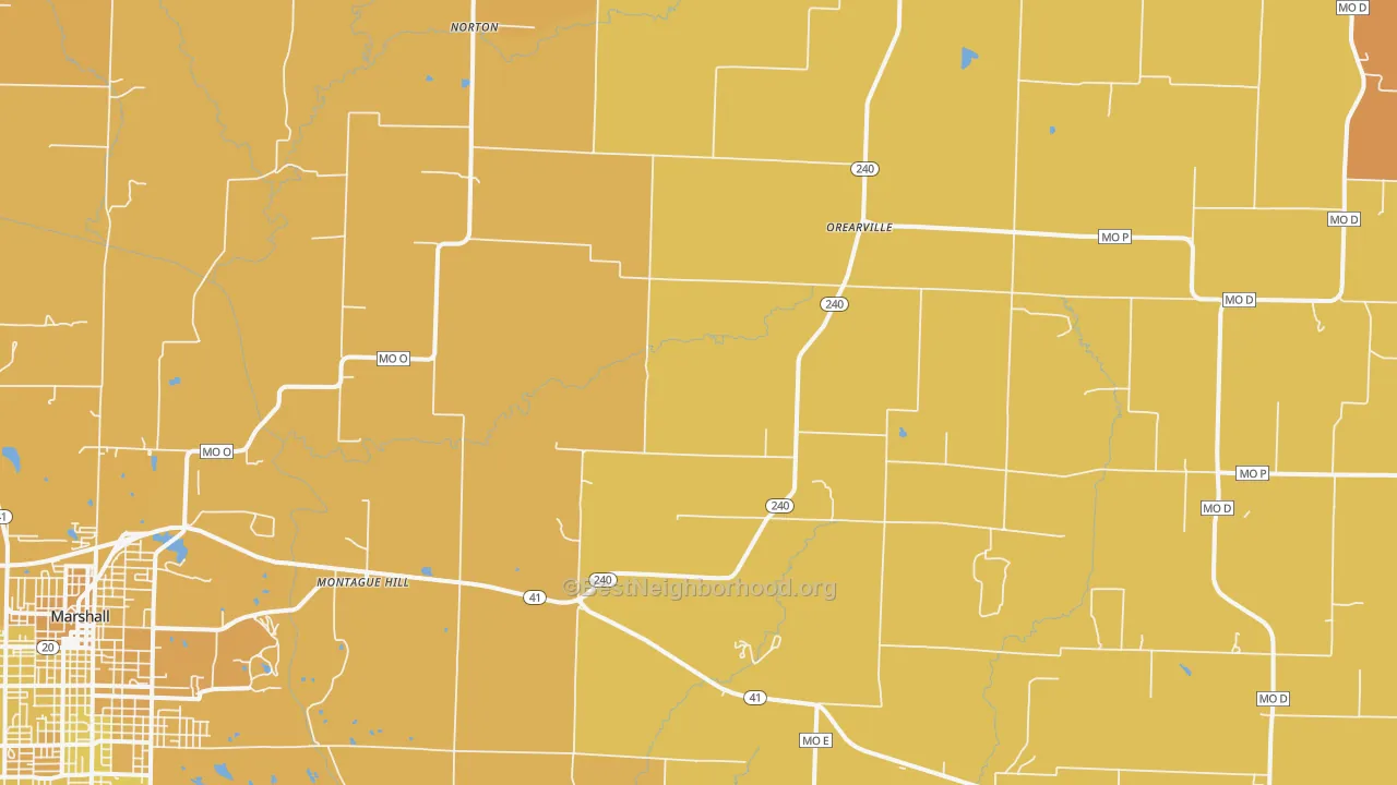 Map of the best neighborhoods in the Orearville area, with better matches in green and worse matches in red