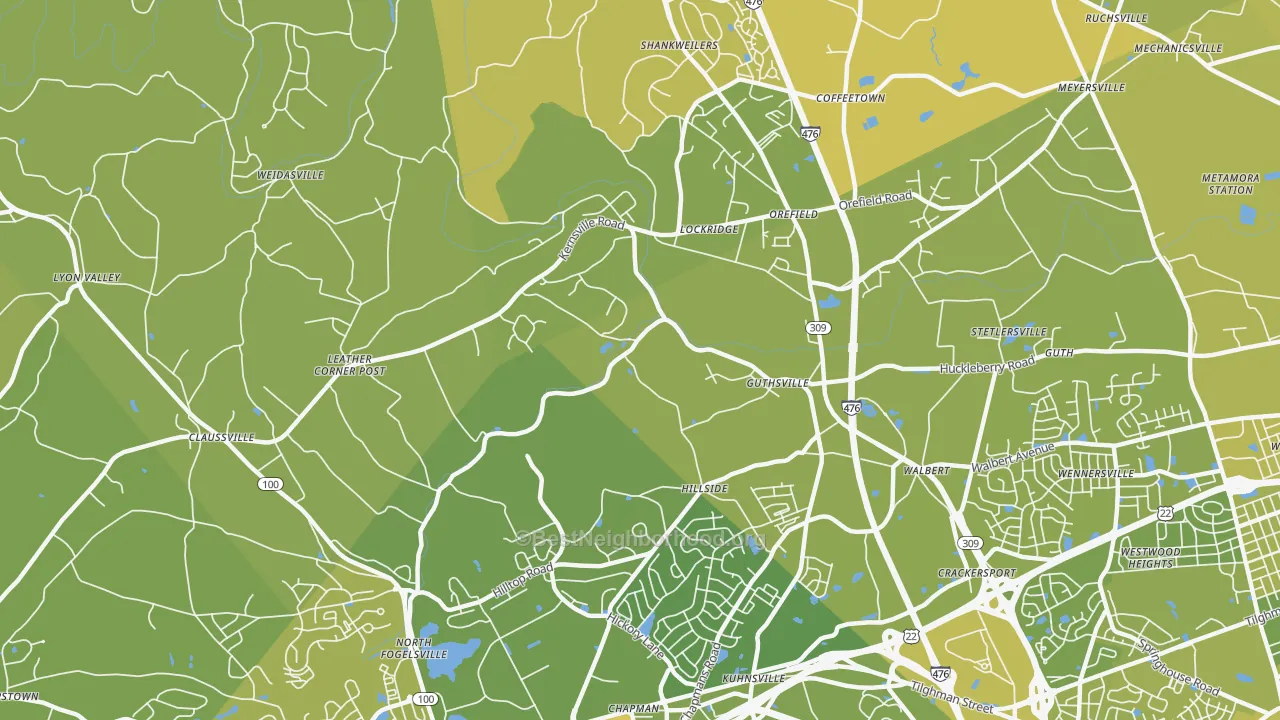 Map of the best neighborhoods in the Orefield area, with better matches in green and worse matches in red
