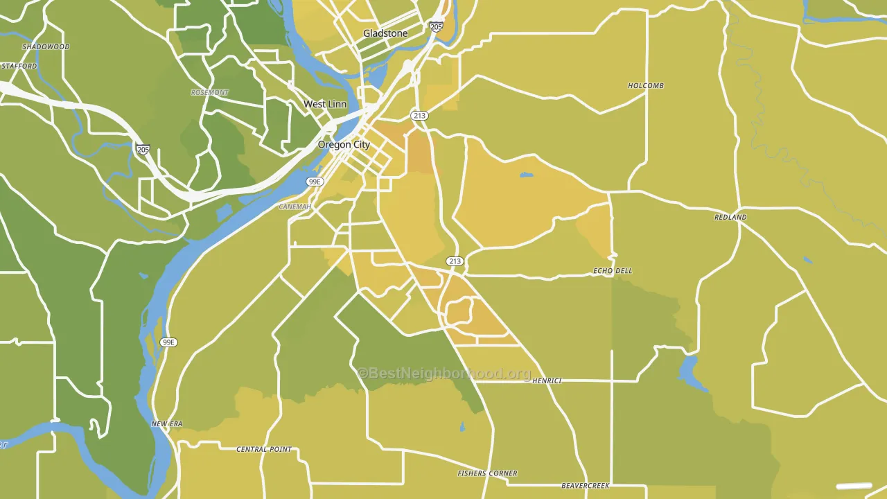 Map of the best neighborhoods in the Oregon City area, with better matches in green and worse matches in red