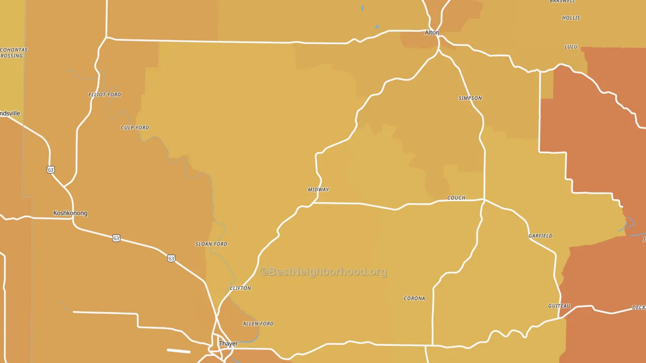 Map of the best neighborhoods in the Oregon County area, with better matches in green and worse matches in red