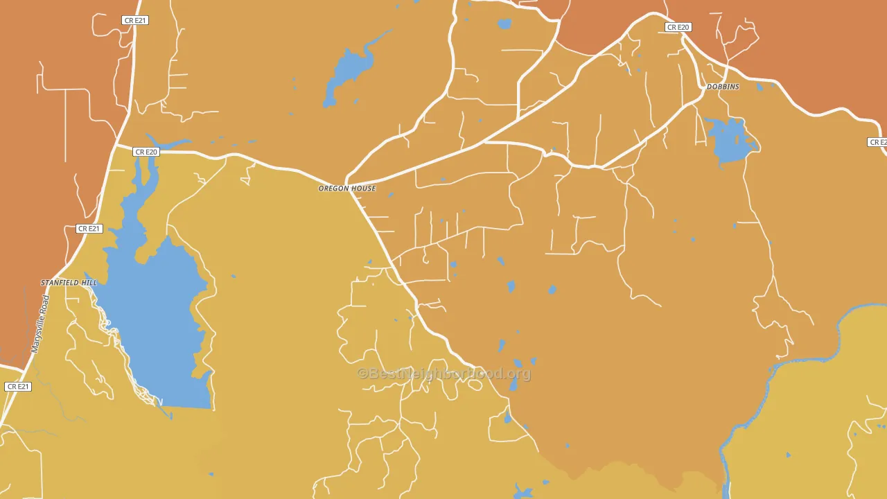 Map of the best neighborhoods in the Oregon House area, with better matches in green and worse matches in red