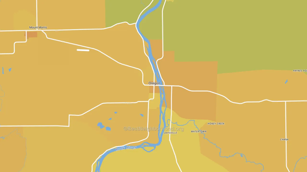 Map of the best neighborhoods in the Oregon area, with better matches in green and worse matches in red