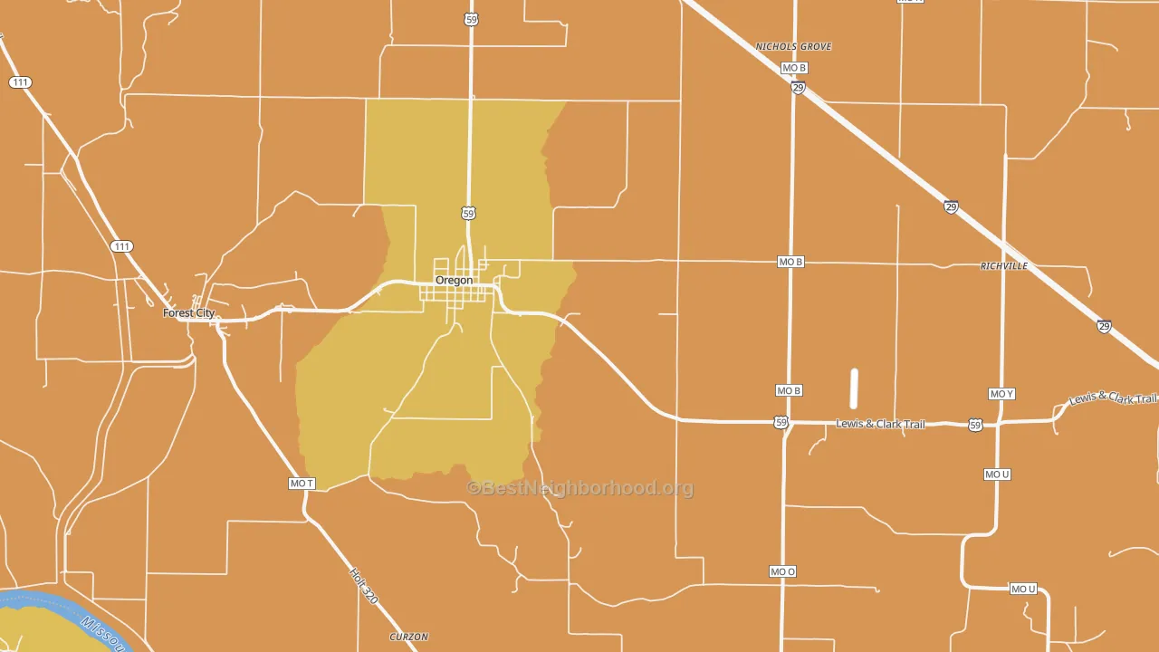 Map of the best neighborhoods in the Oregon area, with better matches in green and worse matches in red
