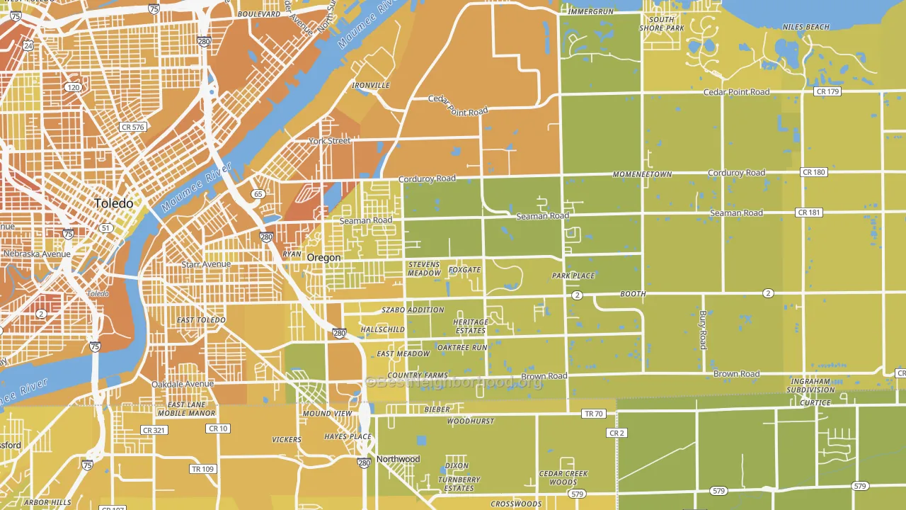 Map of the best neighborhoods in the Oregon area, with better matches in green and worse matches in red