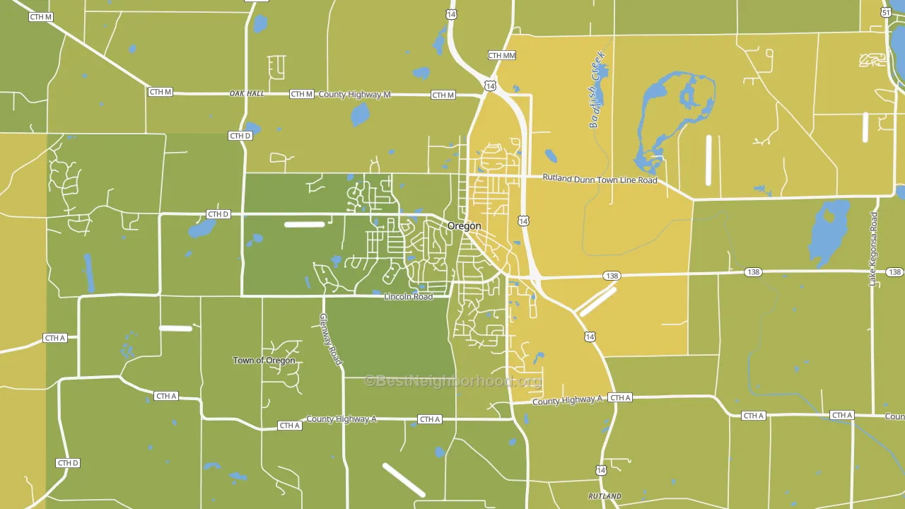 Map of the best neighborhoods in the Oregon area, with better matches in green and worse matches in red