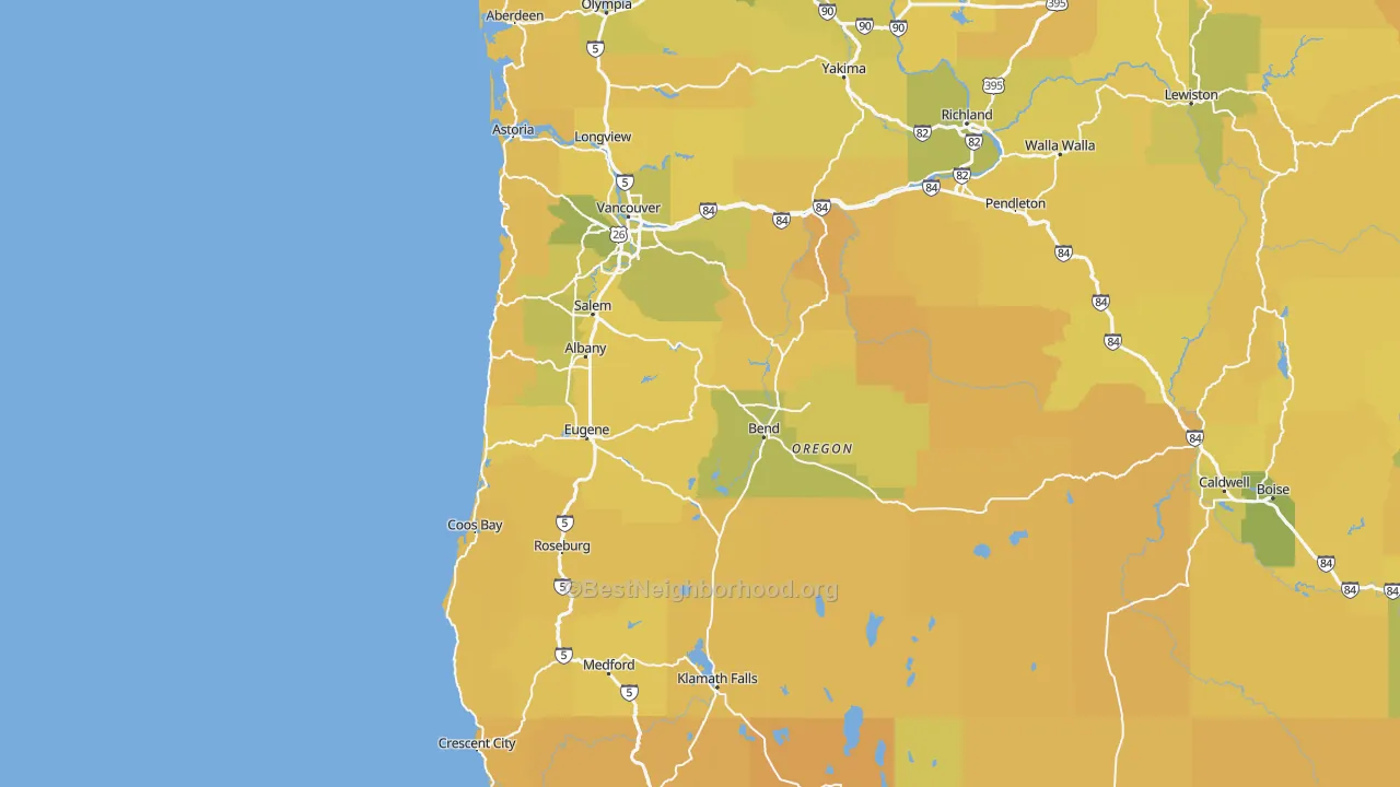 Map of the best neighborhoods in the Oregon area, with better matches in green and worse matches in red