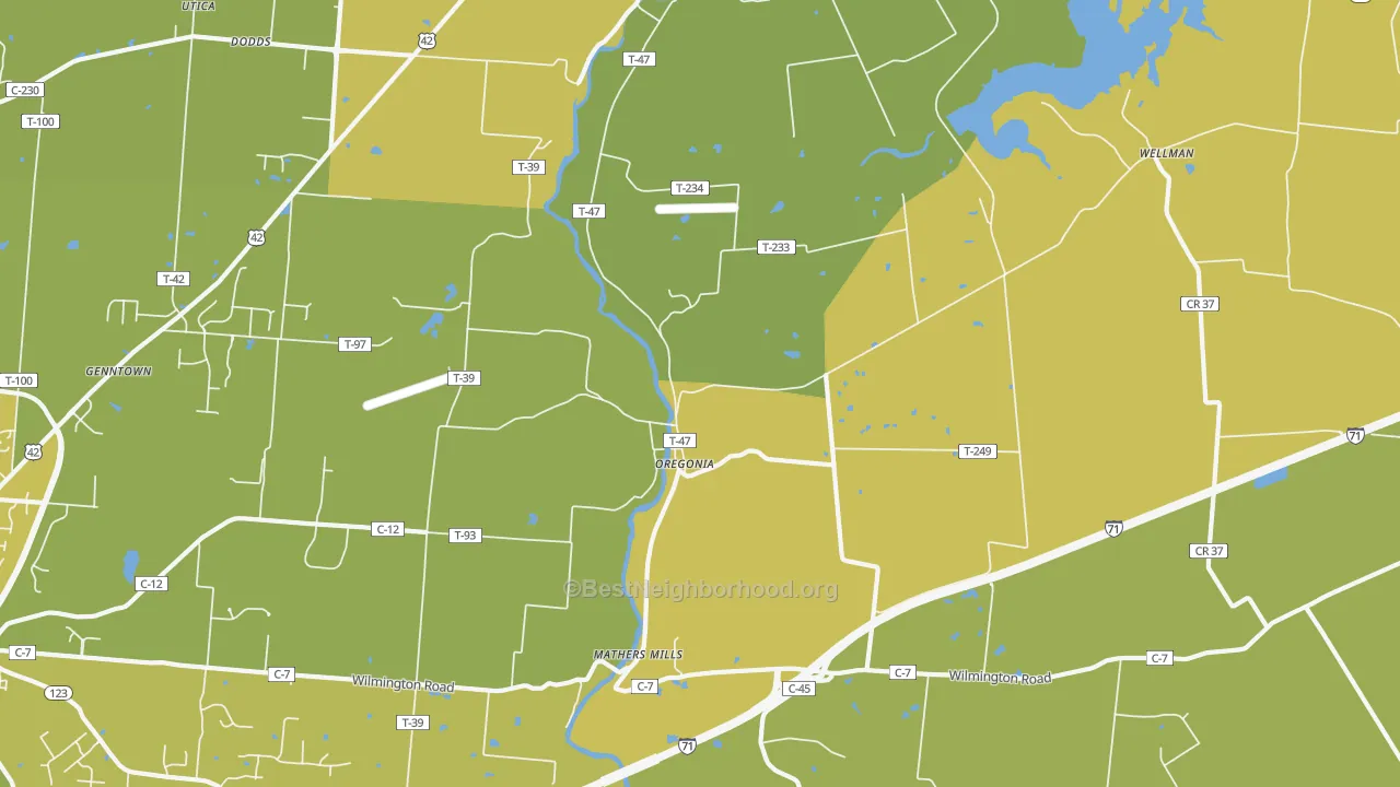 Map of the best neighborhoods in the Oregonia area, with better matches in green and worse matches in red