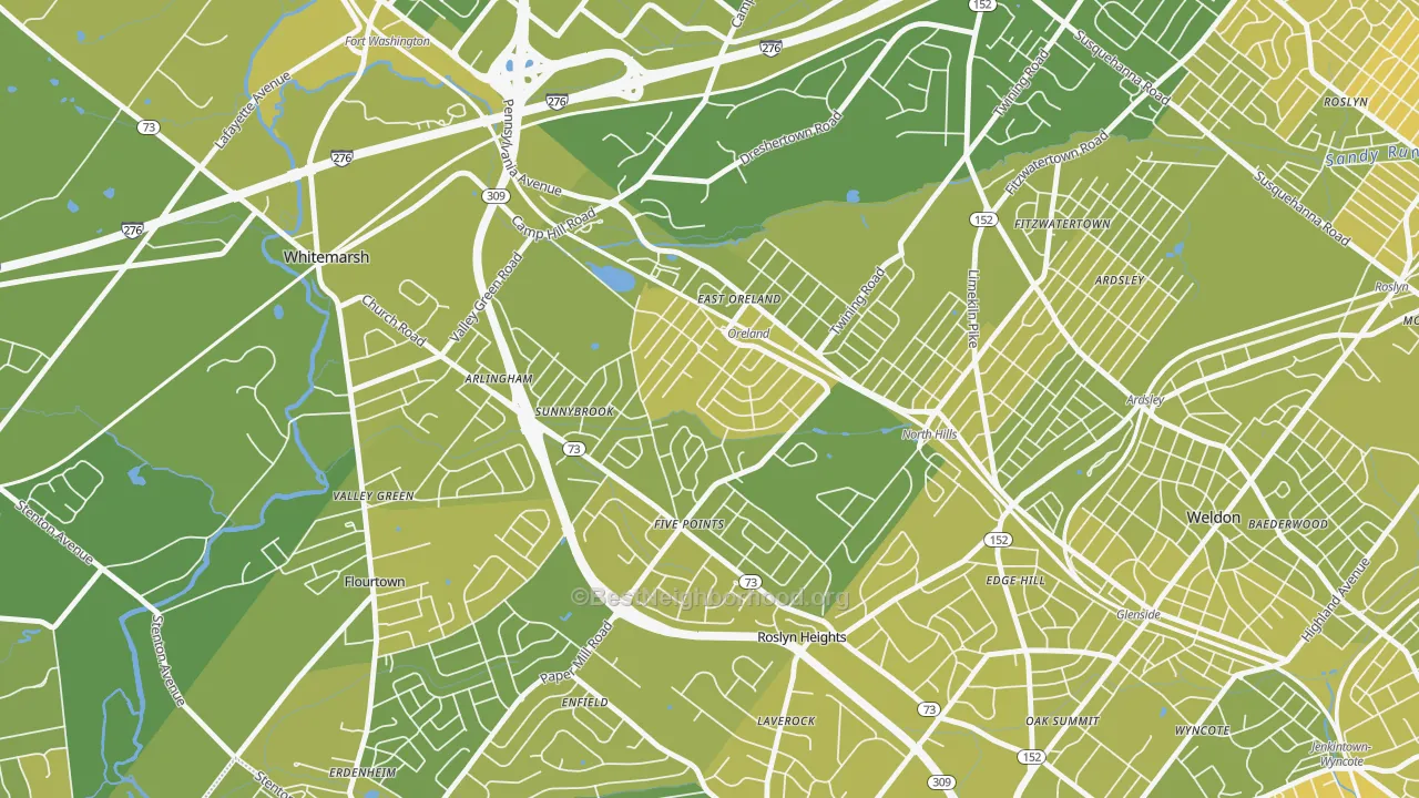 Map of the best neighborhoods in the Oreland area, with better matches in green and worse matches in red
