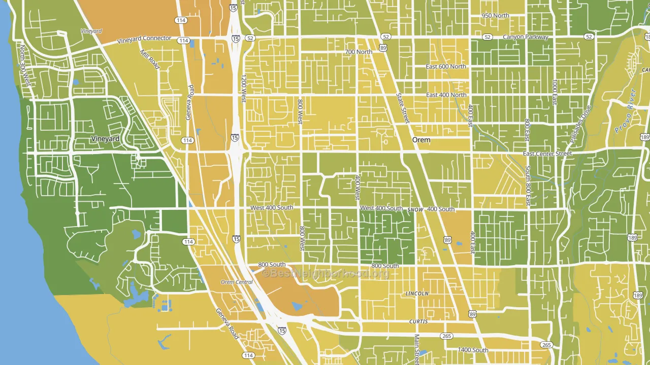 Map of the best neighborhoods in the Orem North, Orem area, with better matches in green and worse matches in red