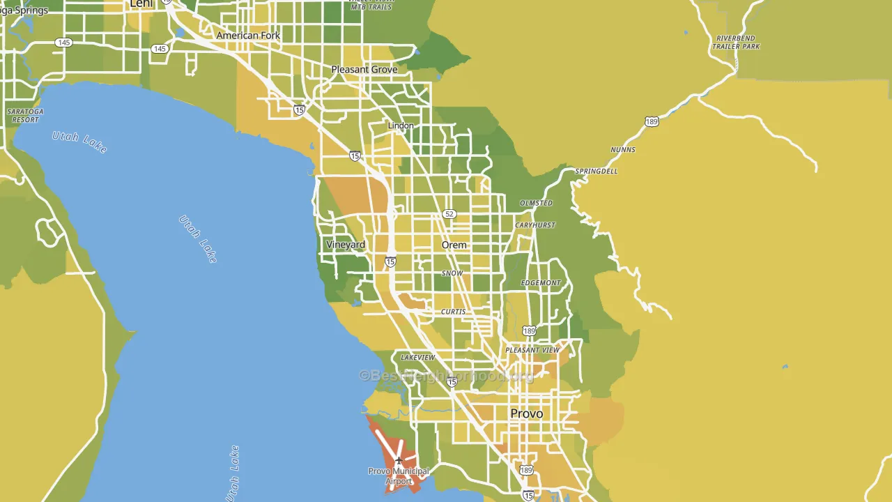 Map of the best neighborhoods in the Orem area, with better matches in green and worse matches in red