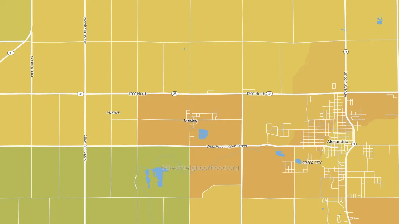 Map of the best neighborhoods in the Orestes area, with better matches in green and worse matches in red
