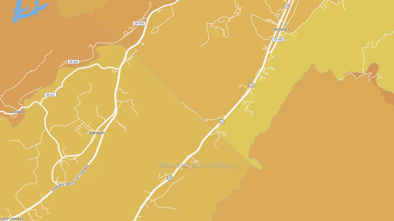 Map of the best neighborhoods in the Oreton area, with better matches in green and worse matches in red
