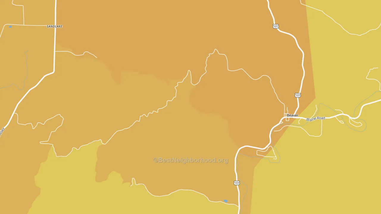 Map of the best neighborhoods in the Oretown area, with better matches in green and worse matches in red
